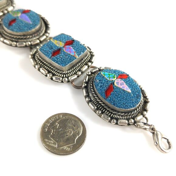 Art Crafted Five Linked Bracelet, Silver Tone, Iridescent Design, 1960s Vintage - Picture 9 of 10